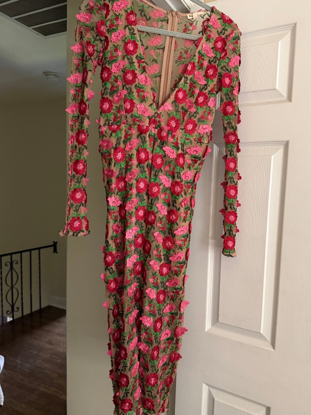 For Love And Lemons AmeliaPink & Green  Embroidered Long Sleeve Midi Dress